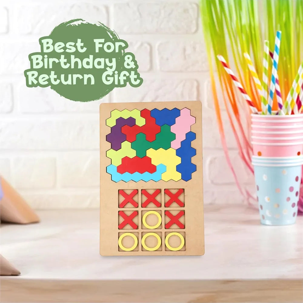 SPARTAN KIDS® 3D Wooden Hexagon Puzzle & Classic Tic Tac Toe Game - Montessori Educational Toy for Kids, Creative Shape Pattern Block, Two-in-One Early Learning Toy