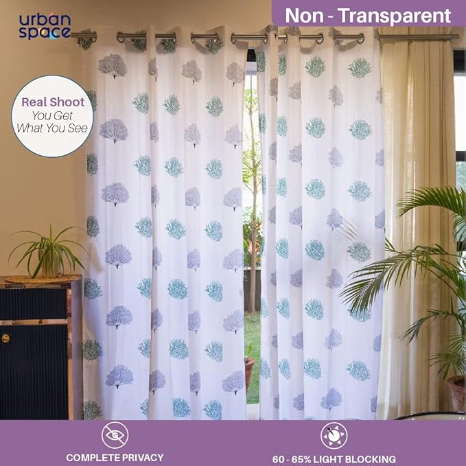 Urban Space Cotton Curtains 7 feet for Door Set of 2 with Stainless Steel Rings and TieBack (Colour Trees Brown)
