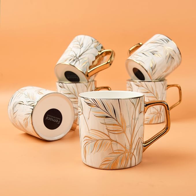 Femora Pastel Tropical Leaves Tea Mugs, Ceramic Tea Cups, Coffee Mugs | 180 Ml | 6 Pieces Set | Not Microwave Safe