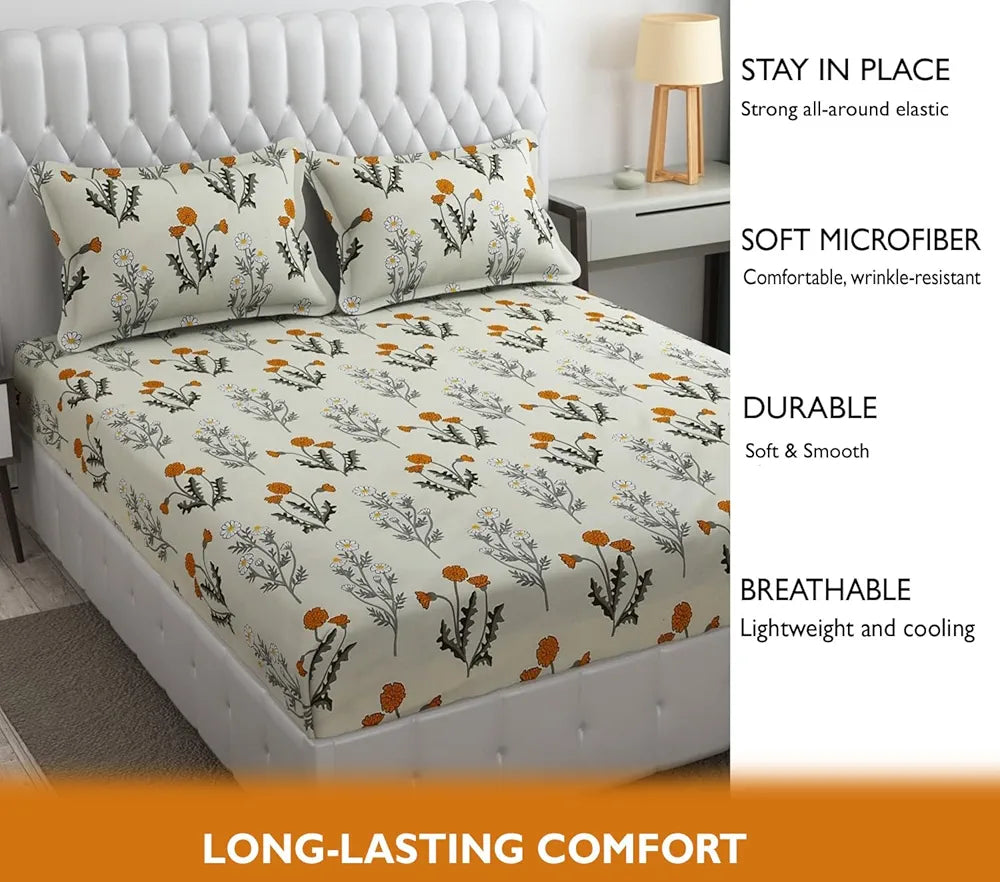 Fresh From Loom Fitted King Size Bedsheet Set Anti Fade 240 TC 2 Pillow Covers Pink Floral Design