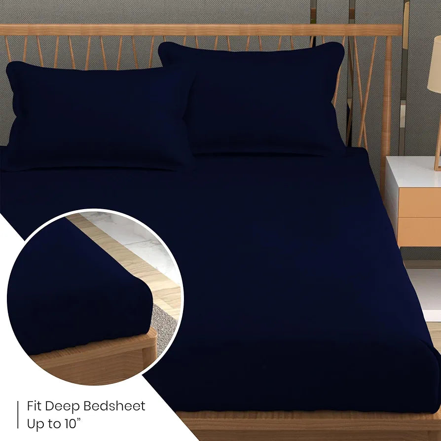 Fresh From Loom Plain Single Size Solid Plain Bedsheet Set 240 TC With 1 Pillow Covers Navy Blue Plain