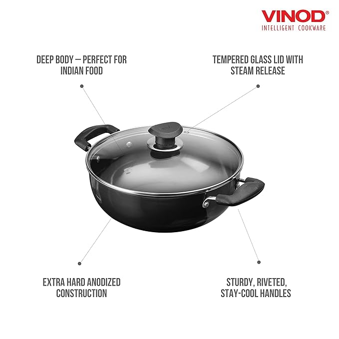 Vinod Black Pearl Plus Hard Anodised Deep Kadhai with Lid - 2.6 Litre, 22 cm | 3.25mm Thick | Natural Stick Free Kadai