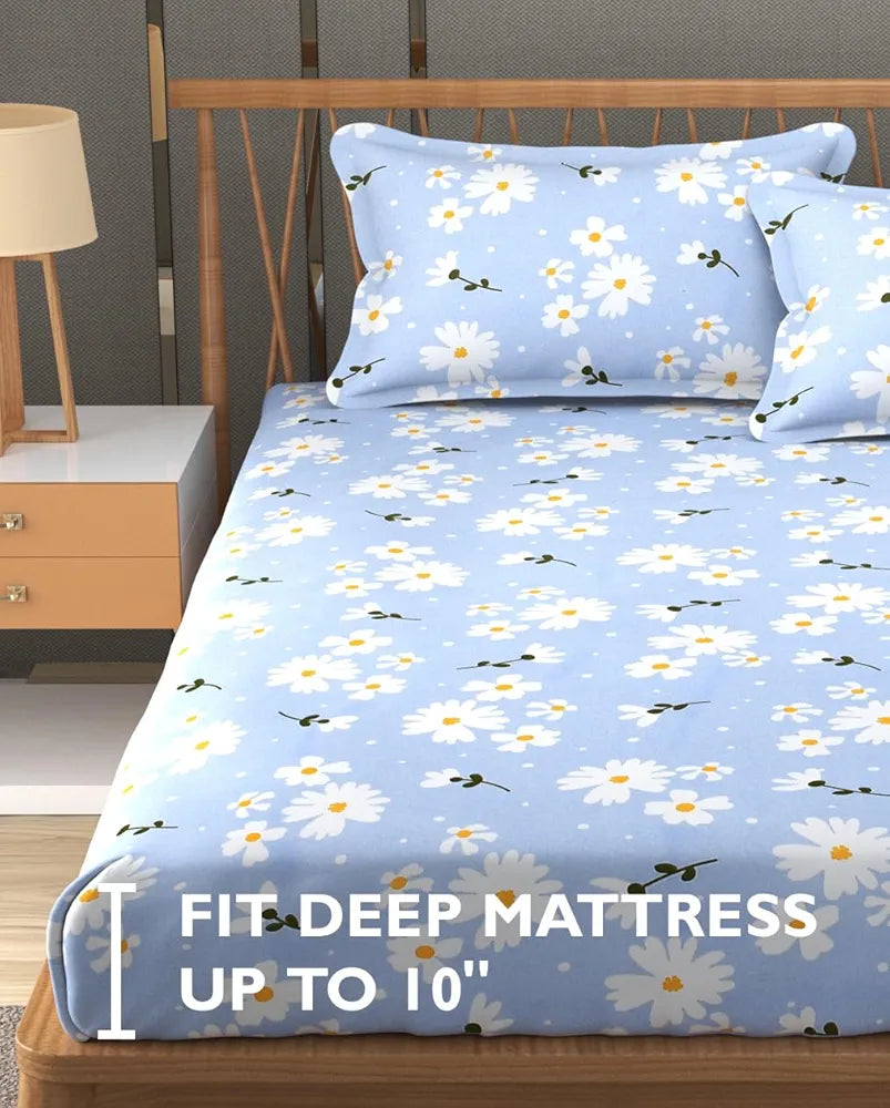 Fresh From Loom Soft Microfiber Floral Print King Size Fitted Bedsheet 240 TC 2 Pillow Covers Casper Blue
