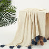Homadorn 100% Cotton Off White Throw Blanket with Handmade Colorful Tassel Colour Navy Blue