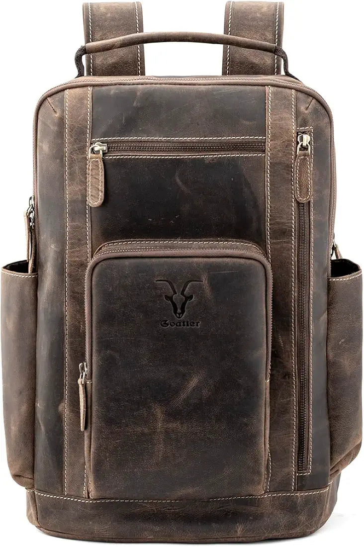 Goatter 24 Ltrs Men's Hunter Leather Backpack For 16 Laptop Travel Hiking Camping Rucksack - Brown