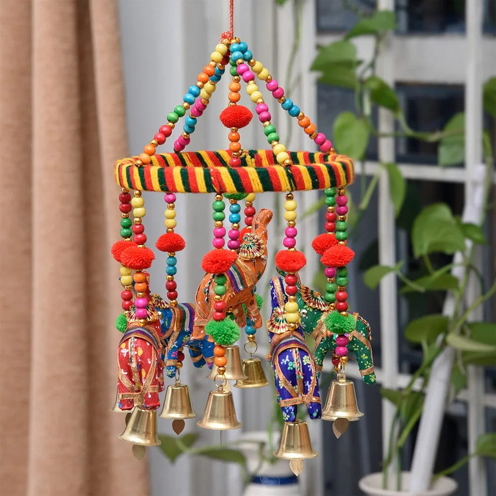 Kuber Industries Rajasthani Traditional Windchimes Hanging Ring Elephant with Bells Pack of 2