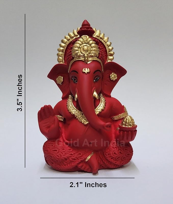 Gold Art India Mukut Ganesha Idol for Car Dashboard Maroon Red and Gold Small Ganesha Murti