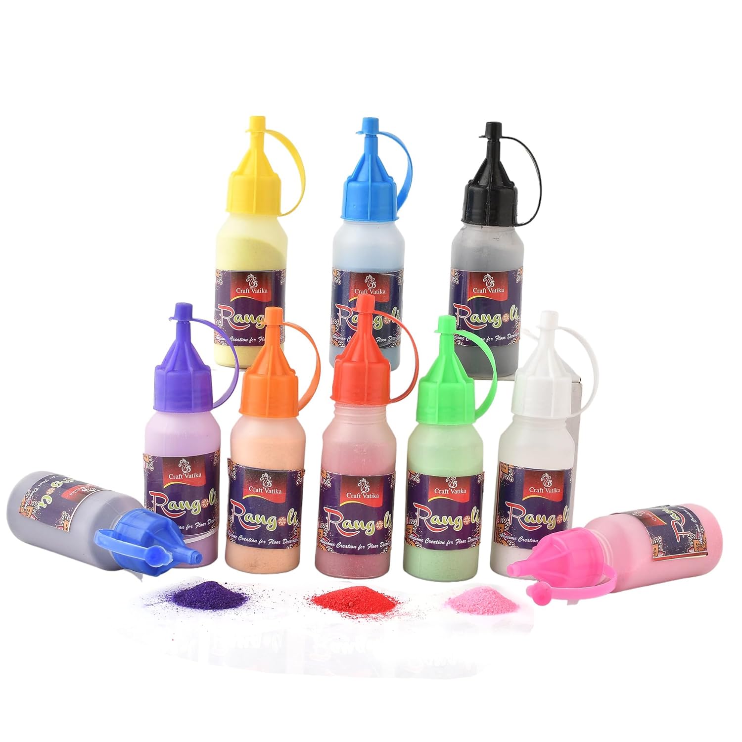 CraftVatika Rangoli Making Tools Kit Set of 10 Rangoli Powder Bottles Tubes with Nozzles