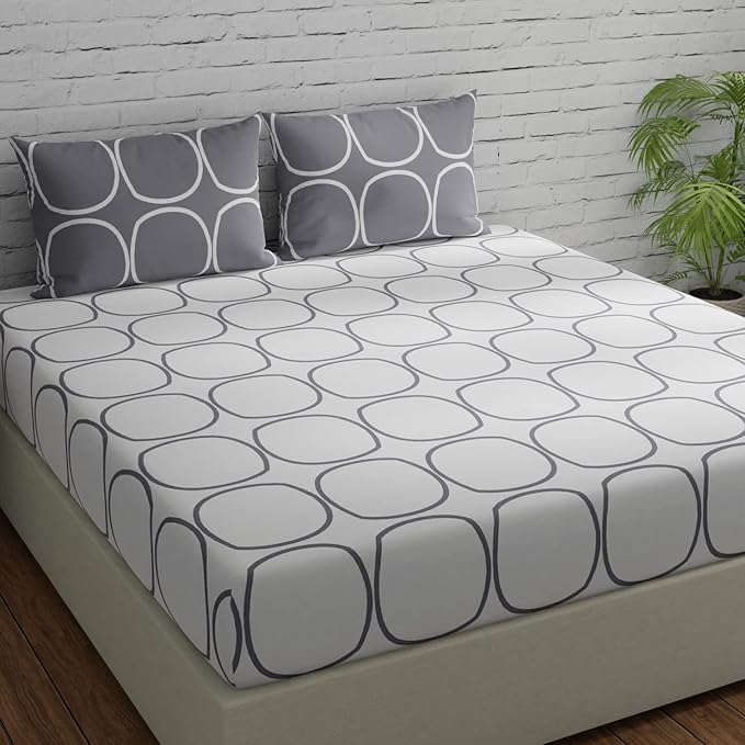Huesland by Ahmedabad Cotton 144 TC Bedsheet for King Size Bed with 2 Pillow Covers | White & Grey