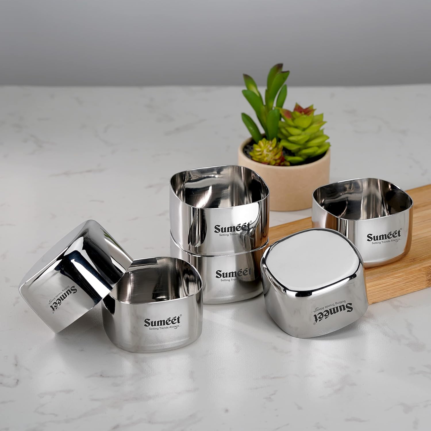 Sumeet Heavy Gauge Stainless Steel Square Bowl Set of 6pc 150 ml Each Silver