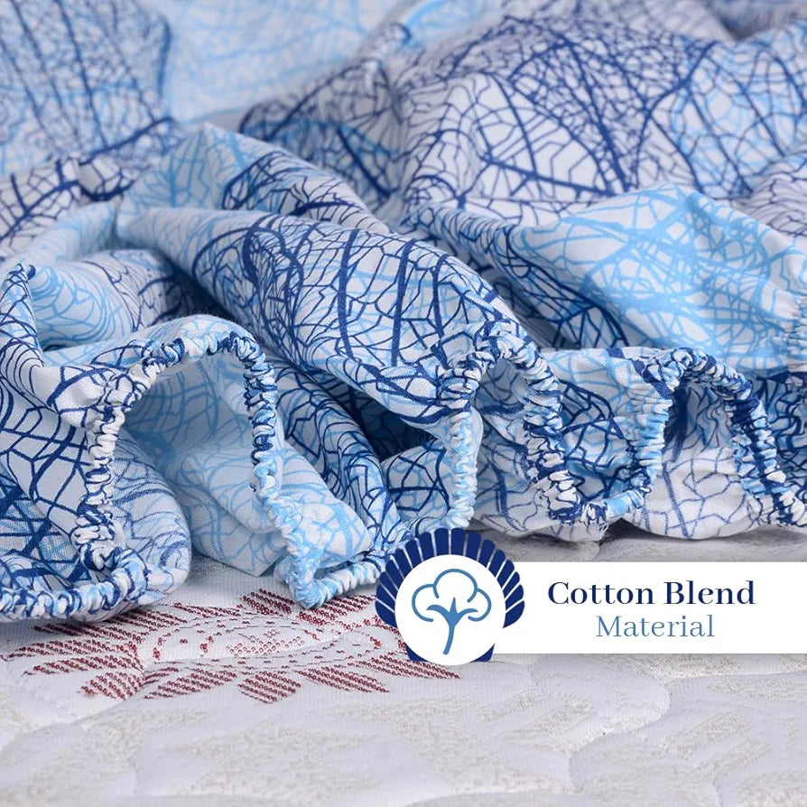 Divine Casa 144 TC Cotton Fitted Bedsheet for Single Bed 100% Cotton Floral Blue with 1 Pillow Cover Colour Iris Blue