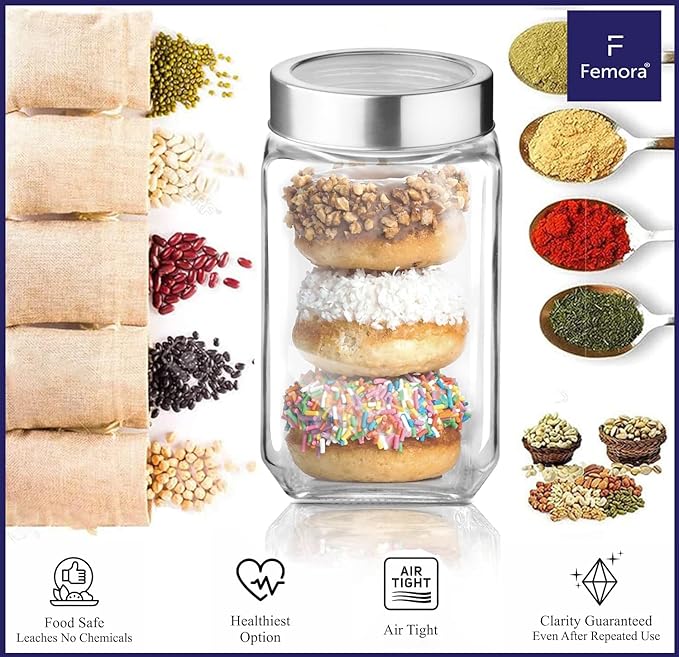 Femora Kitchen Storage Jars Transperent Glass With Steel Lid Air Tight Jar | 1550 Ml, 2000 Ml | Pack of 2