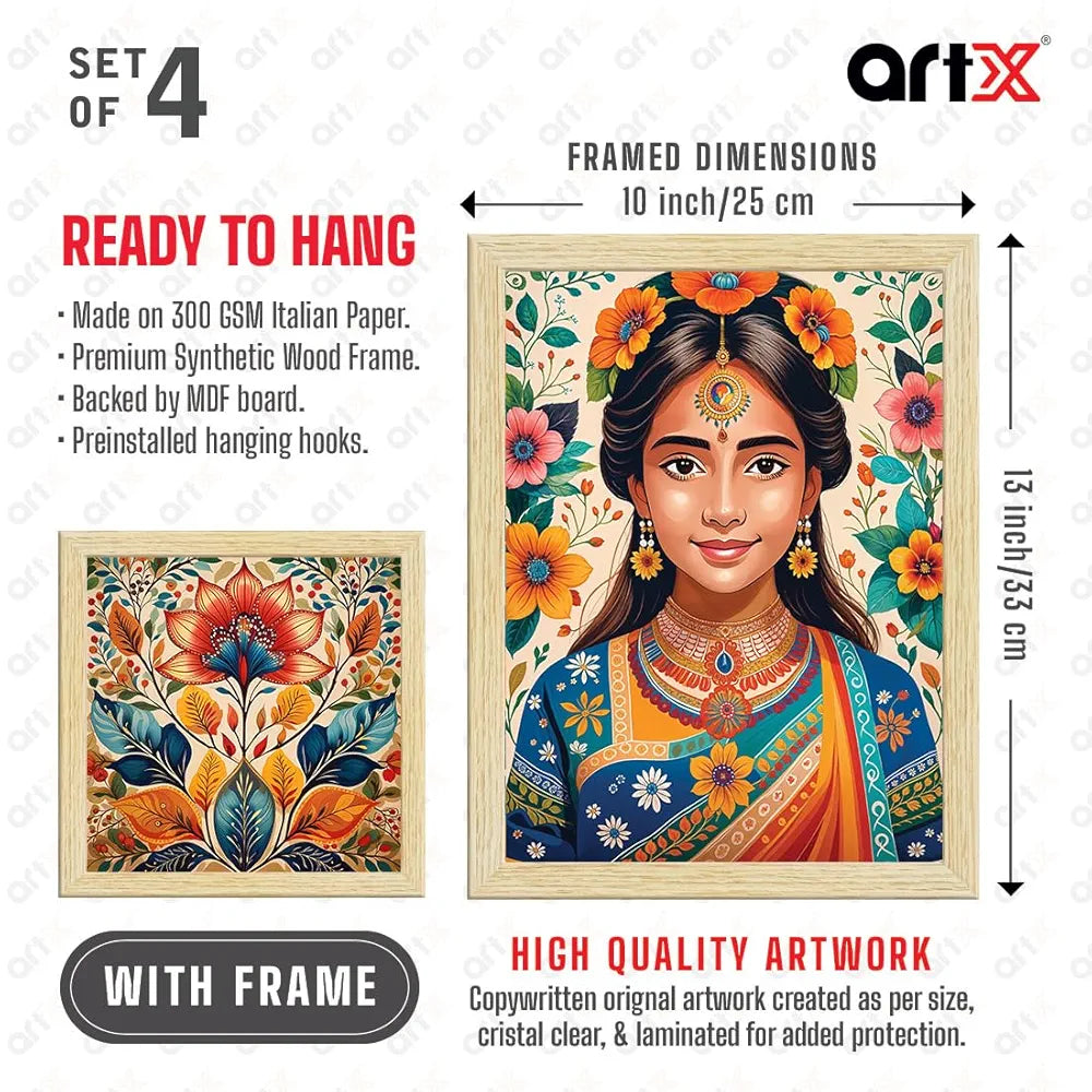 ArtX Paper Madhubani Madhubani-SO4-06 Art Paintings with Frame Multicolor Set of 4