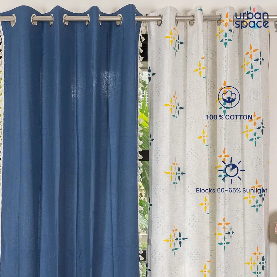 Urban Space Cotton Curtains for Door Set of 3 Curtains for Home Decor Mosaic Yellow and Blue & Aura Indigo