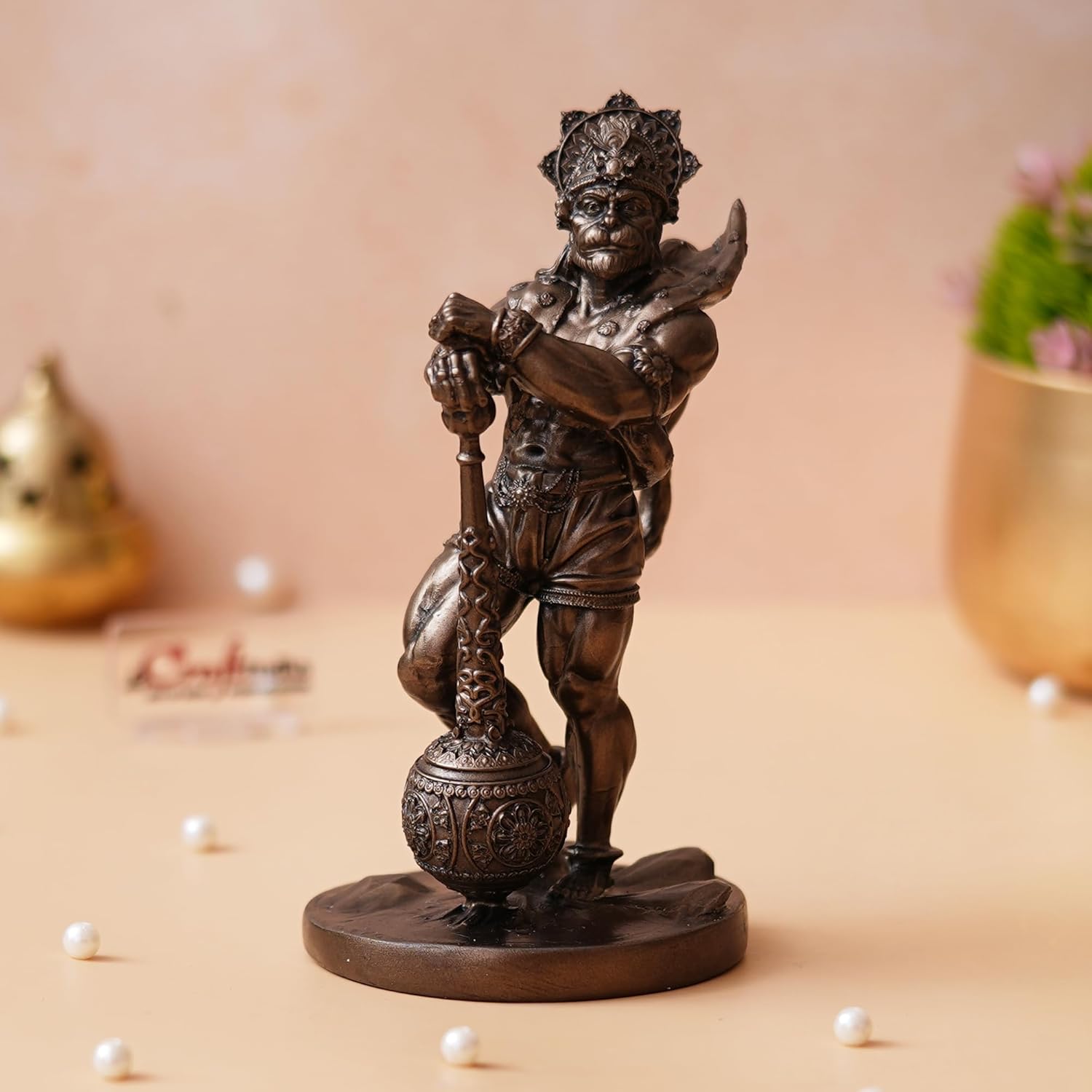 Ecraftindia Golden Polyresin Handcrafted Standing Lord Hanuman Statue With Gada/ Mace | Ideal for Hanuman Jayanti