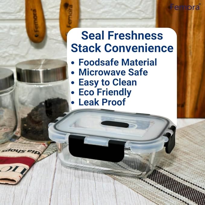 Femora Borosilicate Rectangle Microwave Oven Safe Glass Container With Dectahable & Break Free Lid | Black Color | 400 Ml