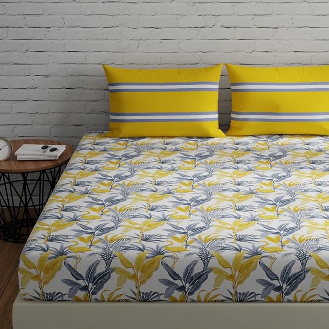 Huesland by Ahmedabad Cotton 144 TC Cotton Bedsheets for King Size Bed with 2 Pillow Covers | Flamingos & Stripes Yellow & Grey