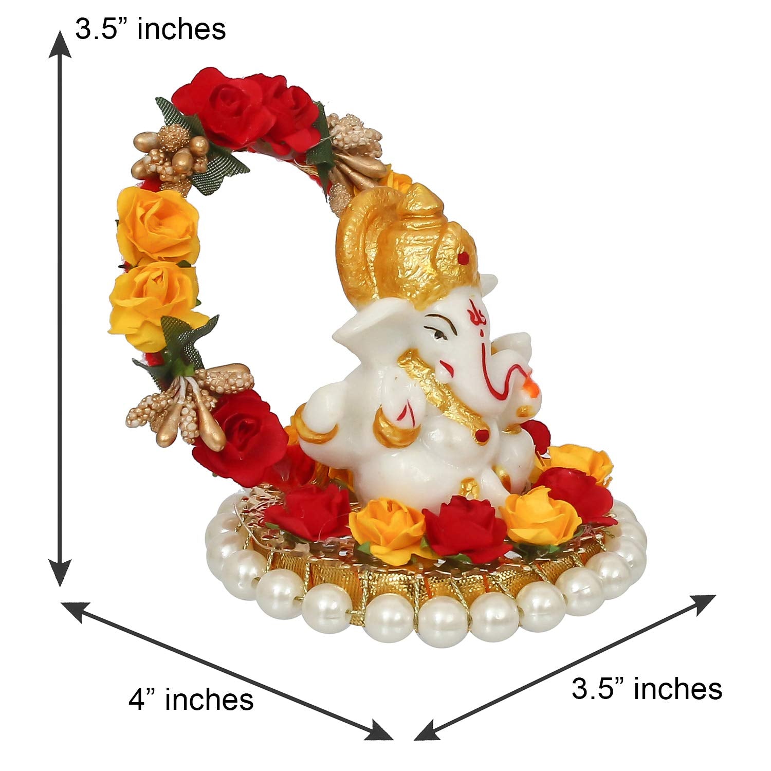 Ecraftindia Resin Lord Ganesha Idol on Decorative Rose Flower Plate | Ganesha Idol for Home Decor