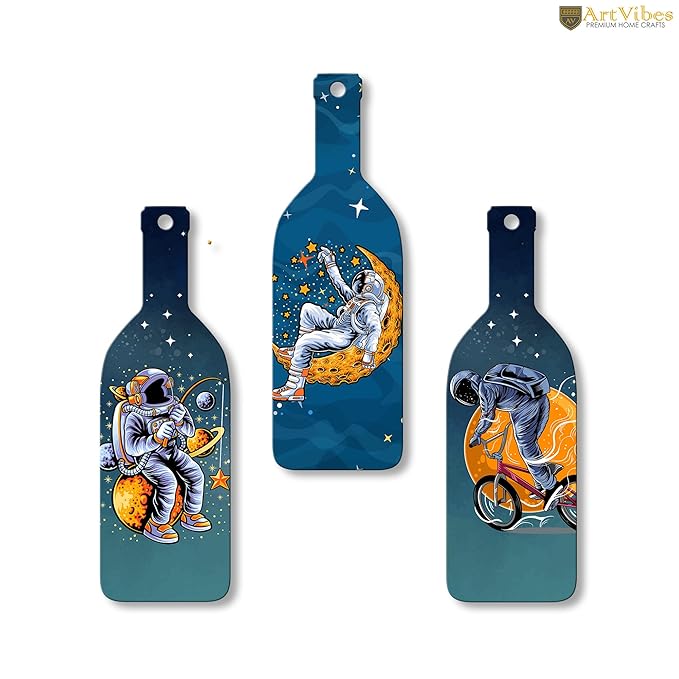 Artvibes Astronaut in Space Wooden Wall Hanging for Home Decor | Set of 3