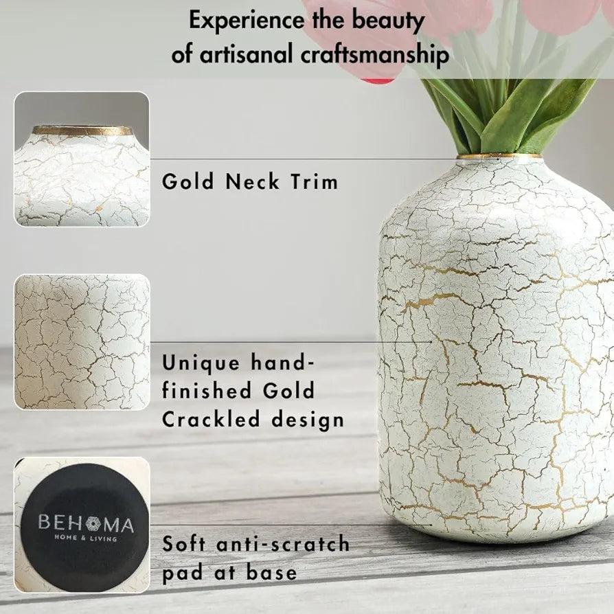 Behoma Metal Flower Vase Off-White Crackled Flowers not Included