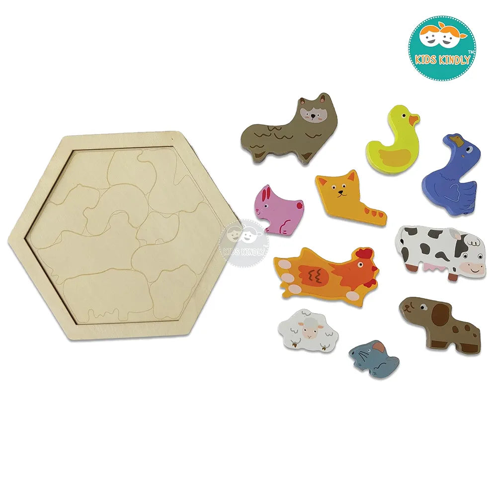 KIDS KINDLY Wooden Stacking & Sorting Puzzle – Farm Animals Theme, Jigsaw Puzzles, Wooden Toys for Kids, Age 3+