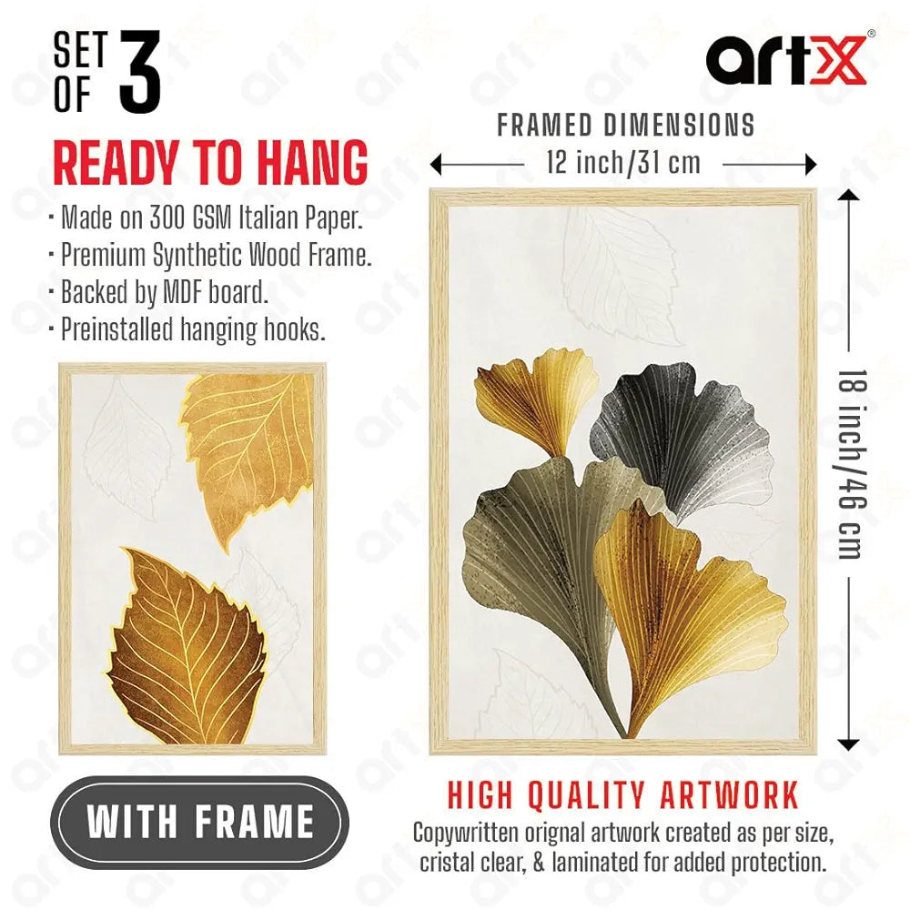 ArtX Paper Modern Art Wall Painting Big Size Leaves Framed Set Of 3