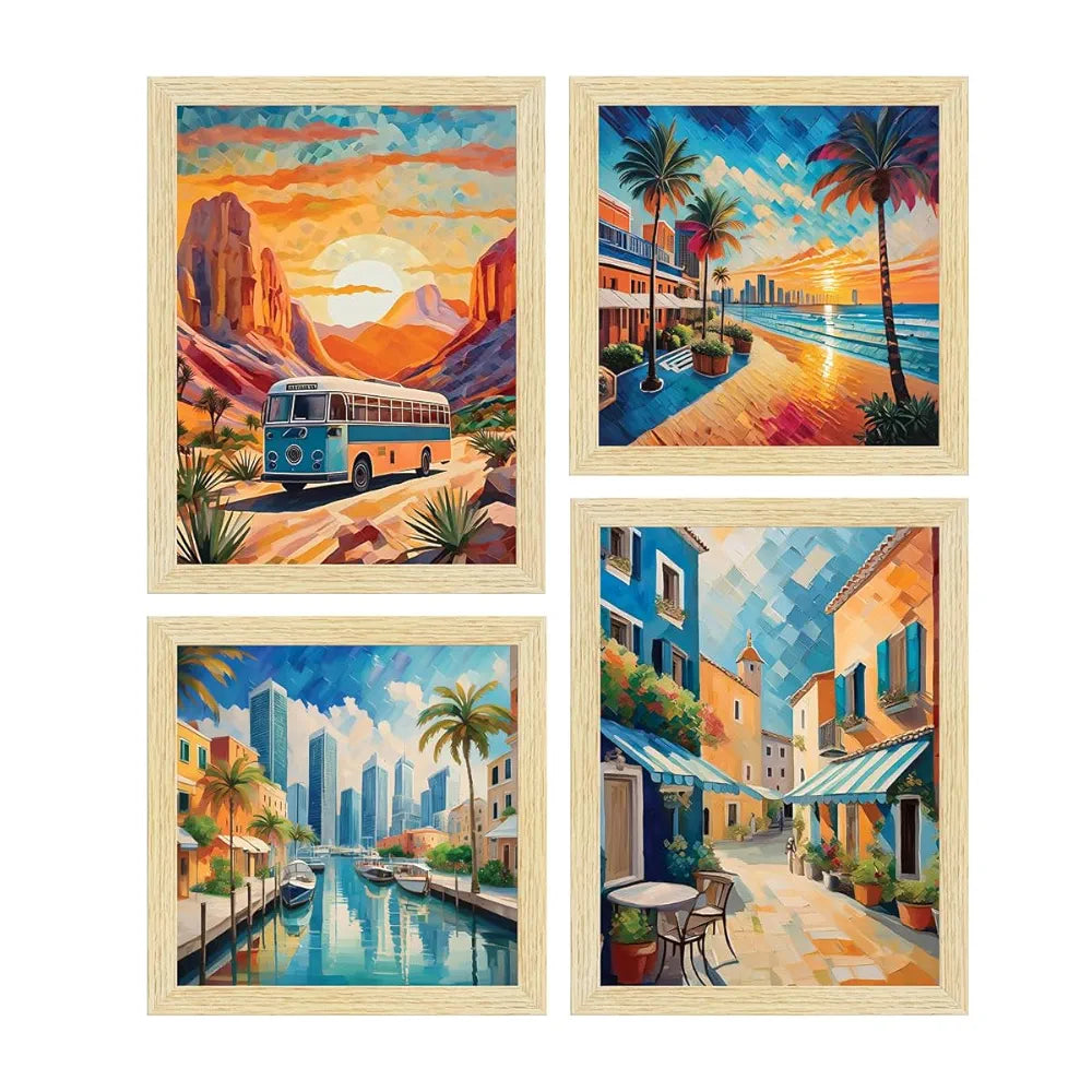 ArtX City Sunrise Paintings with Frame Abstract Multicolor Set of 4