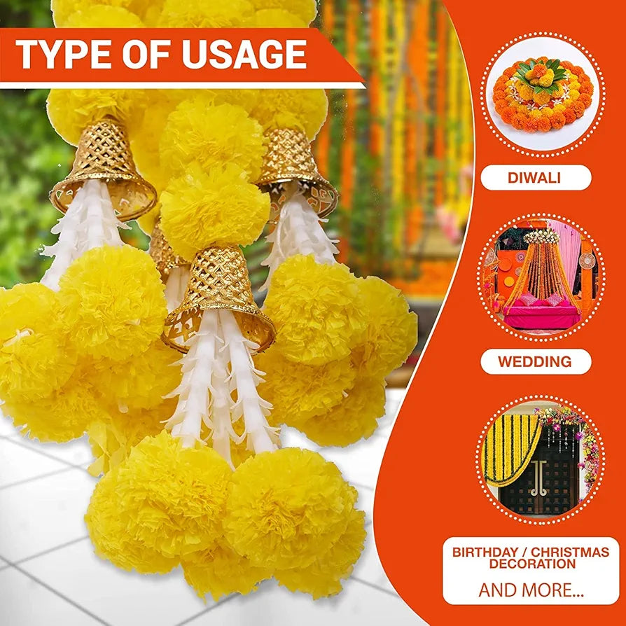 Artificial Genda Phool for Decoration Flowers Garland with Bell 5 Feet Long 10 Pcs with 2 Diya Yellow+Orange