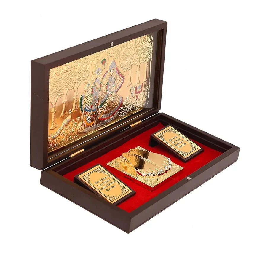 Jaipur Ace Gold Plated Radhe Shyam Charan Paduka Yantra Devotional Prayer Box Wooden Momento With Natural Fragrance