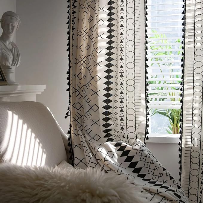 Huesland Cotton Curtains for Door, 7 Feet Long 1 Bohemian Eyelet Curtain | Boho Tribal White & Black