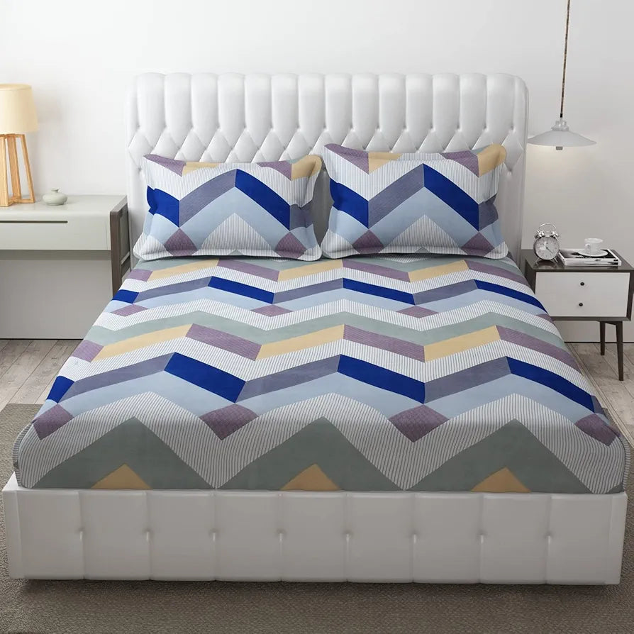 Fresh From Loom Microfiber King Size Bedsheet for Double Bed Floral Design Bed Spread with 2 Pillow Covers 144 TC Blue Grey