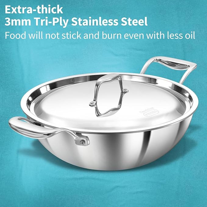 Hawkins Pro 3.5 Litre Deep-Fry Pan, Triply Stainless Steel Kadhai with Stainless Steel Handles and Stainless Steel Lid, Silver