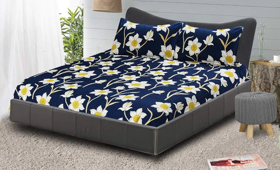Fresh From Loom 144 TC King Bedsheet for Double Bed Floral Design Bed Spread 2 Pillow Covers Royal Blue