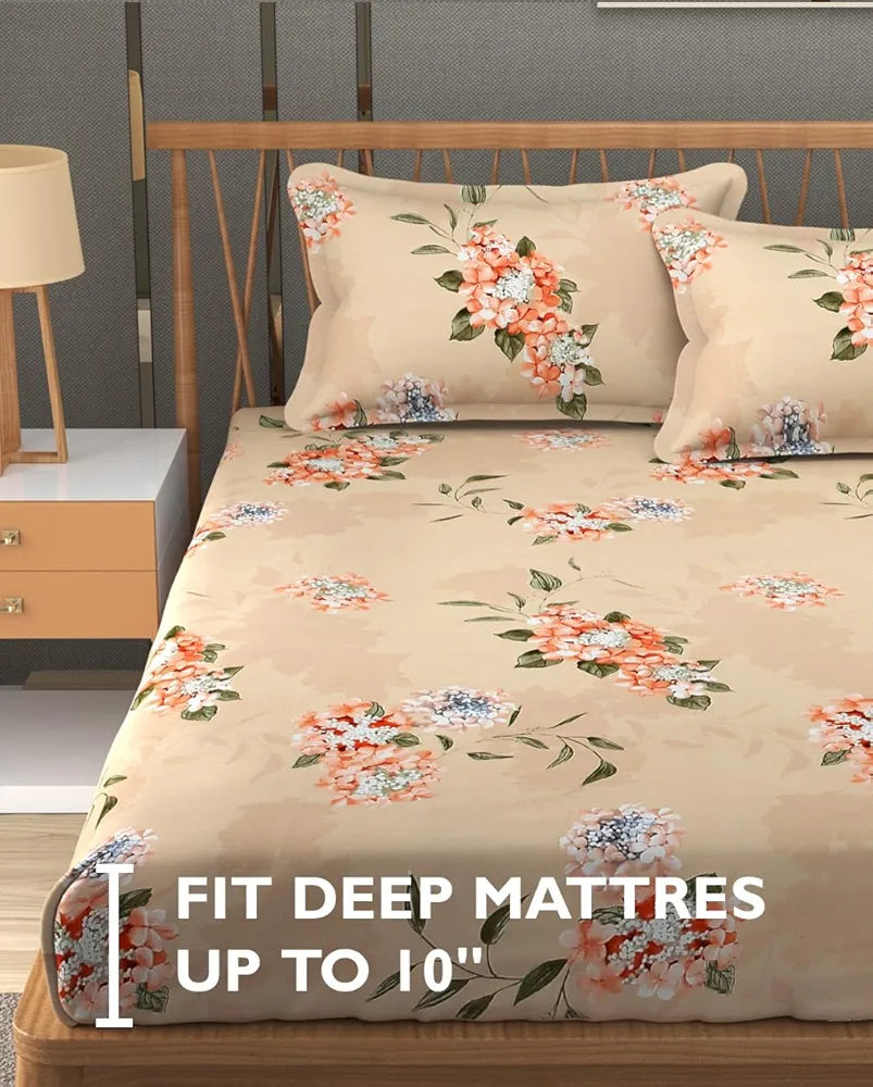 Fresh From Loom Floral Print King Size Bedsheet with 2 Pillow Covers Microfiber 240 TC Beige-Floral