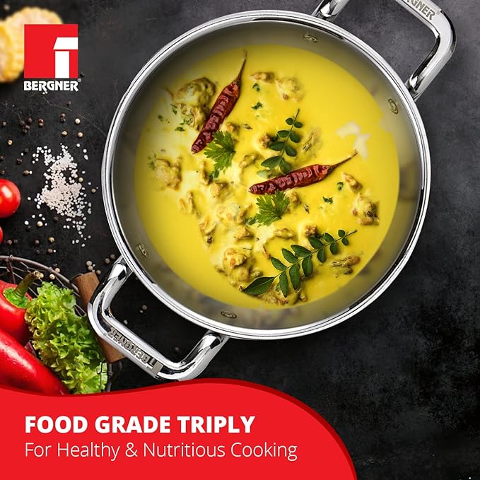 Bergner Tripro Triply Stainless Steel 24 Cm Kadai With Stainless Steel Lid | 3.1 L Kadhai