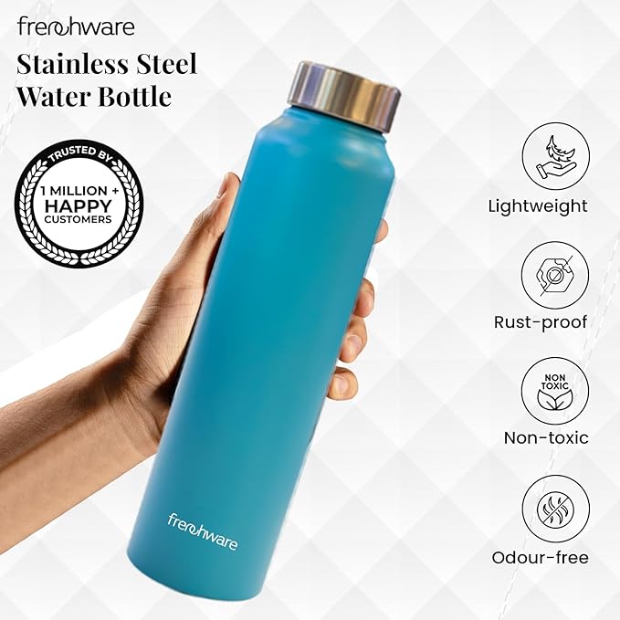 Frenchware Water Bottle 1 Litre, Stainless Steel, Premium SS 304 | Aqua Blue | Easy-to-Clean