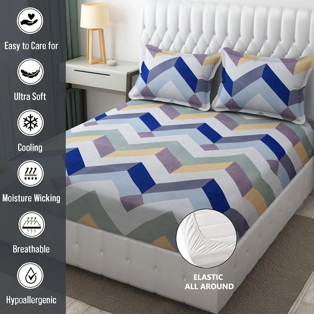 Fresh From Loom Soft Microfiber Fitted Floral Bedsheet King Size Bed With Two Pillow Cover Elastic Fitted 144 Tc Blue Grey