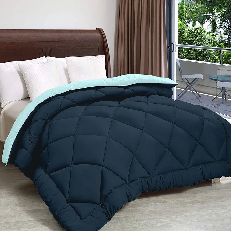 Cloth Fusion Reversible AC Comforter Single Bed Soft Microfibre Quilt Blanket for Winter Navy & Light Blue
