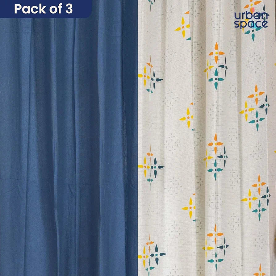 Urban Space Cotton Curtains for Door Set of 3 Curtains for Home Decor Mosaic Yellow and Blue & Aura Indigo