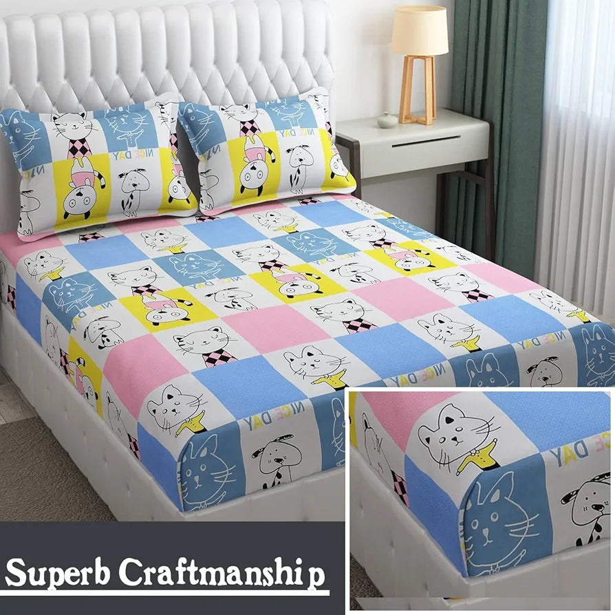 Fresh From Loom Double Bedsheet King Size Rotary Printed Wrinkle Free with 2 Pillow Covers 144 TC Aqua Pink