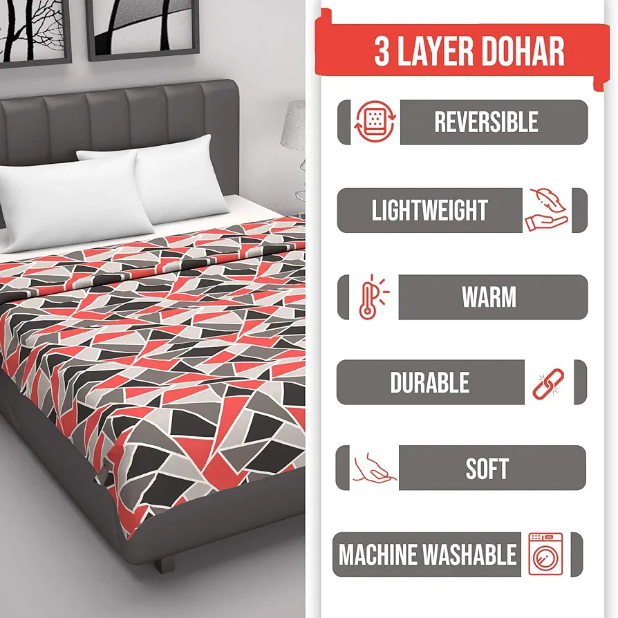 Divine Casa 100% Pure Cotton 120 GSM Reversible Geometric Print Single Bed Dohar for All Season Size TC - 144 Colour Rouge Red