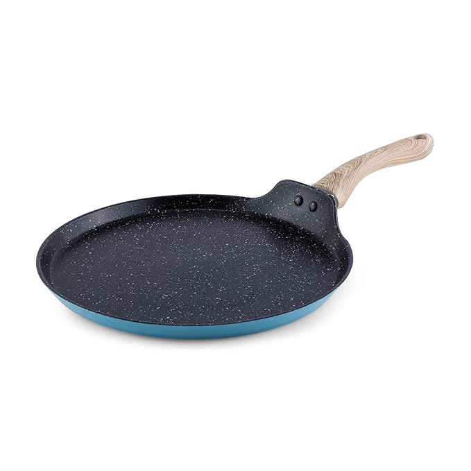 Salford by Ucook Forged Non-stick Tawa With Soft Touch Wooden Handle, Induction & Gas Ready | Black Spatter Dusty Blue | 260mm