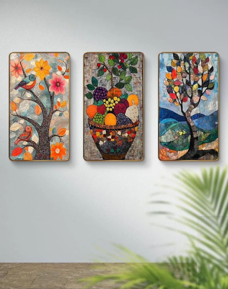 Livin'luxe Set of 3 Modern Art Madhubani Painting Premium Golden Framed Wall Paintings SG14