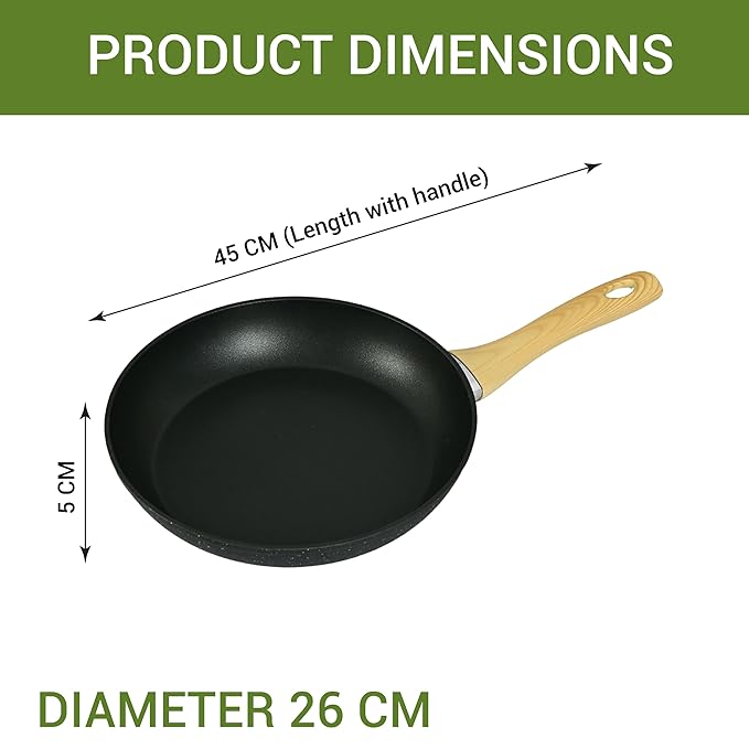 Femora Foged Die Cast Aluminium Non Stick 26 Cm Frypan With Wood Finish Handle | Granite Finish | Induction & Gas Ready