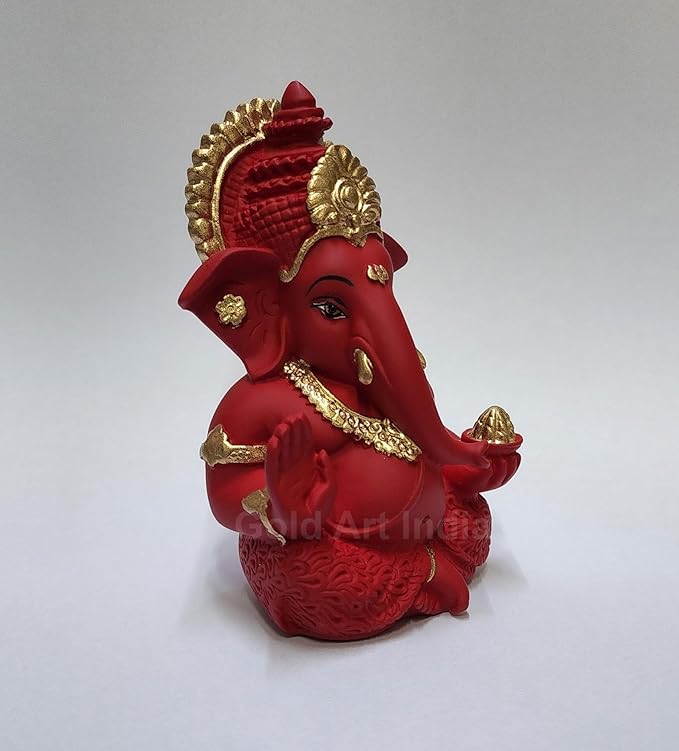 Gold Art India Mukut Ganesha Idol for Car Dashboard Maroon Red and Gold Small Ganesha Murti