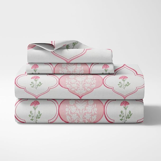 Haus & kinder Cotton Queen Size Bedsheet for Double Bed (90 X 100 Inches) with 2 Pillow Covers | 186 TC |Pink City Palette