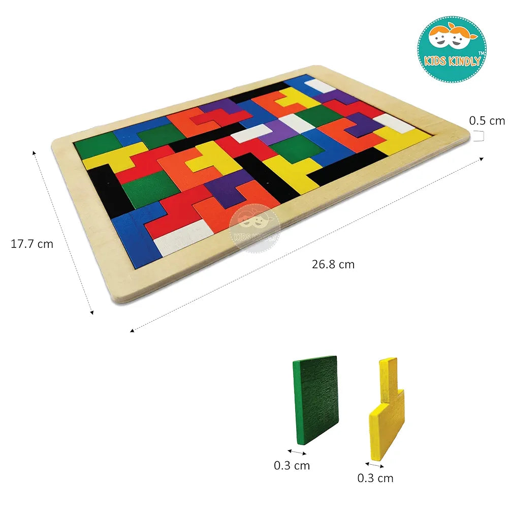 KIDS KINDLY Wooden Jigsaw Puzzle, Tetris Board Game, Monteszori Toys for Preschoolers, Multicolour, Age 3+