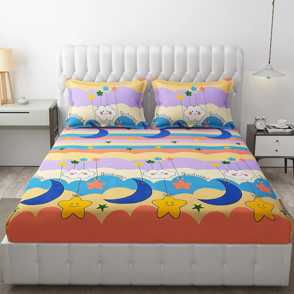 Fresh From Loom Animal 300 TC Elastic Fitted Bedsheet for Kids with Two Pillow Cover Moon Gud Night Queen Gud Night Multi Color
