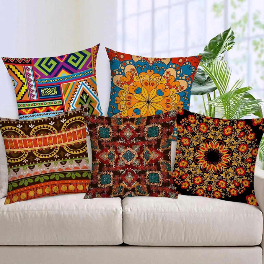 Aerohaven Jute 150 TC Vibrant Geometric & Mandala Printed Pillow Covers Set of 5