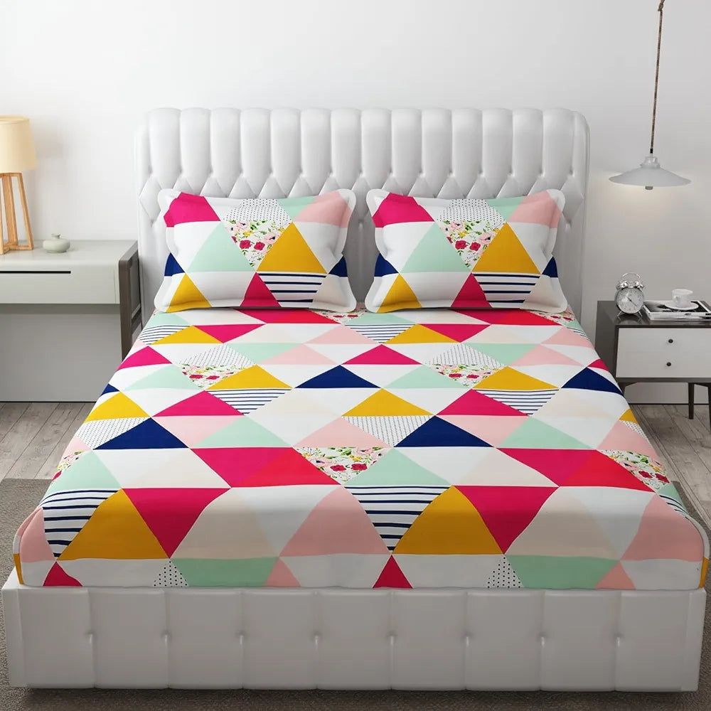 Fresh From Loom Soft Glace Cotton Fitted Bedsheet King Size Bed With Two Pillow Cover Elastic Fitted 144 TC Trangle Multi